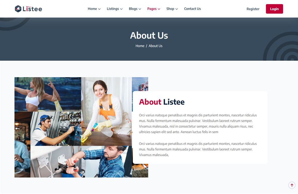 About Us page with introductory content sections.