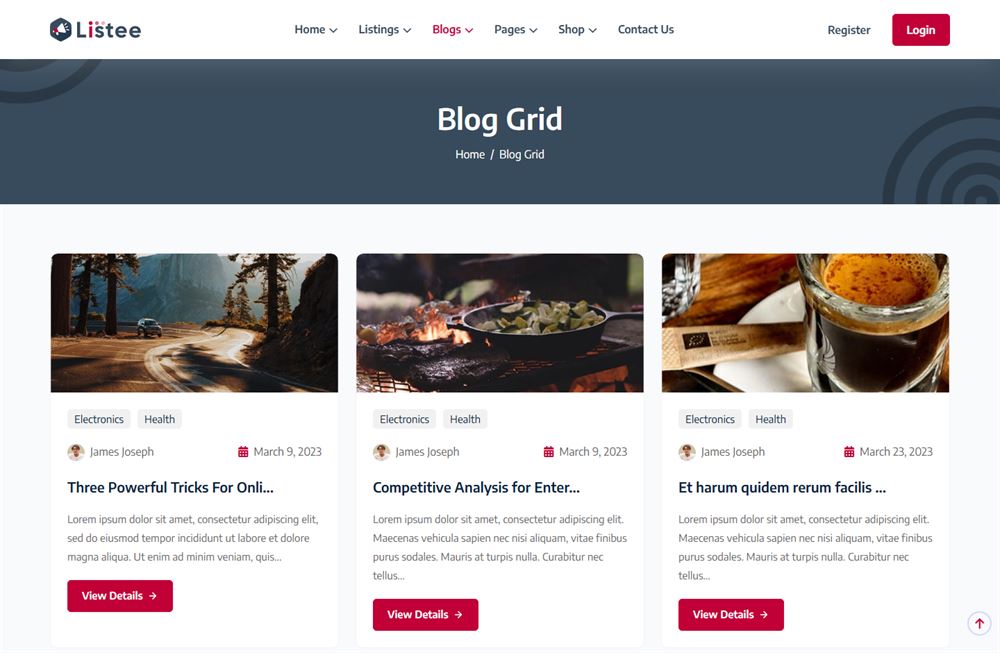 Blog grid page with article cards, categories and dates.