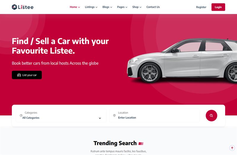 Car Rentals homepage demo for vehicle hire listings.
