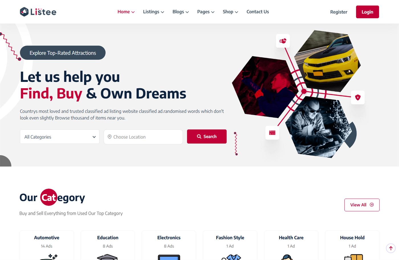 Listee homepage showing the hero search with category and location fields above a grid of listing categories.