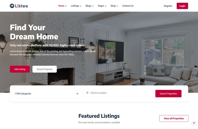 Real Estate homepage demo for property listings.
