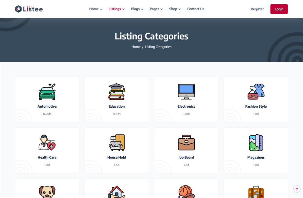 Listing categories page showing all twelve categories with advert counts.