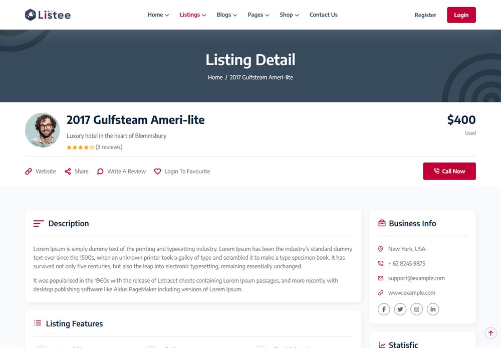 Listing detail page showing price, provider, description and business information.