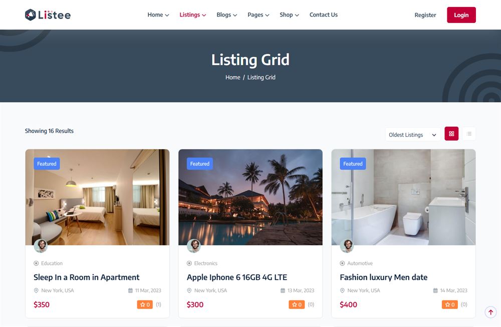 Listing grid page representing the theme's inner page templates.