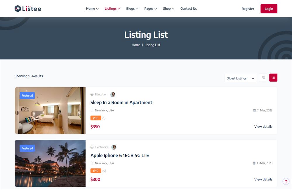 Listing list layout with wide horizontal listing cards.