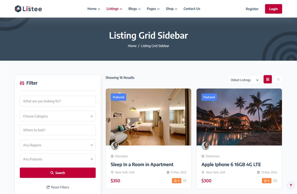 Listing archive with a sidebar containing category, region and feature filters.