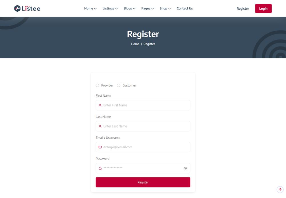 Registration screen where a visitor signs up as a provider or a customer.