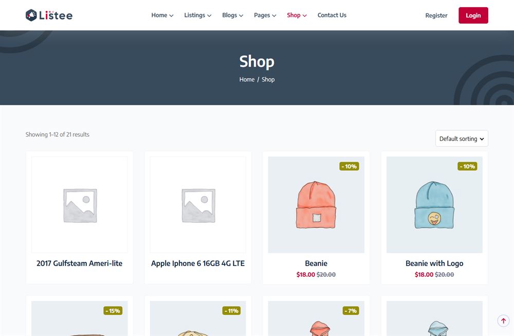 WooCommerce shop page with product cards, prices and add-to-cart controls.
